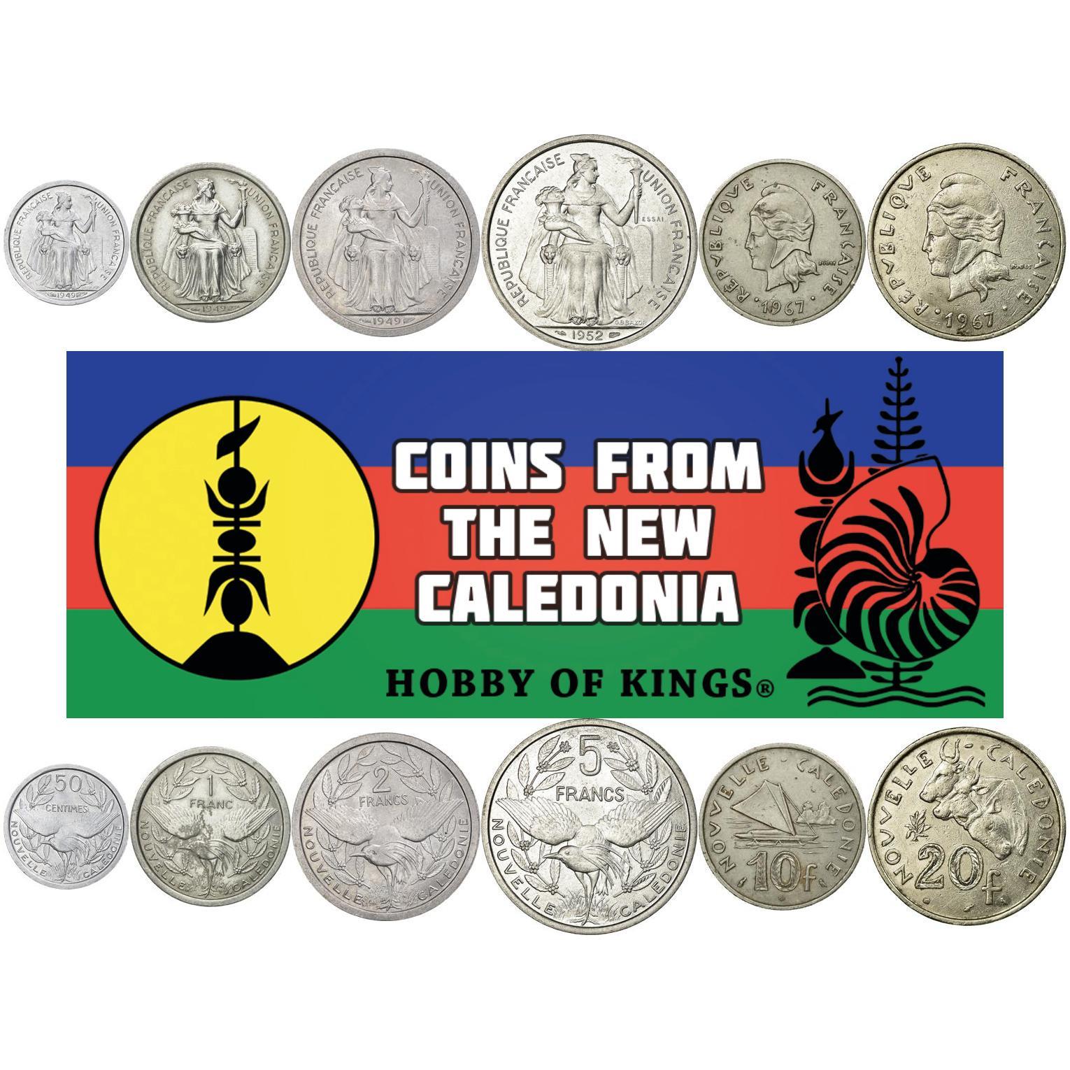 New Caledonia | 6 Coin Set | 50 Centimes 1 Franc 2 5 10 20 Francs | Liberty | Kagu Bird | Marianne | Sailing Boat | Ox Heads | 1949 - 1970