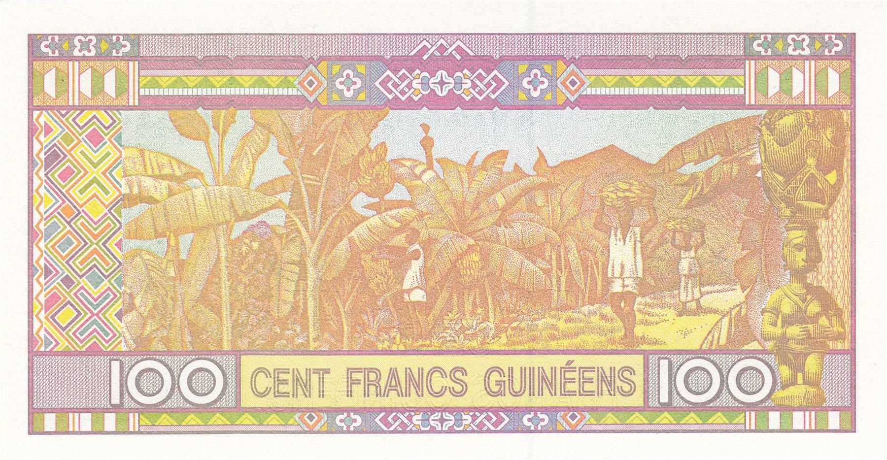 Guinea | 100 Francs Banknote | 2015 | Guinean Woman | Rice Plant | Banana Harvesting