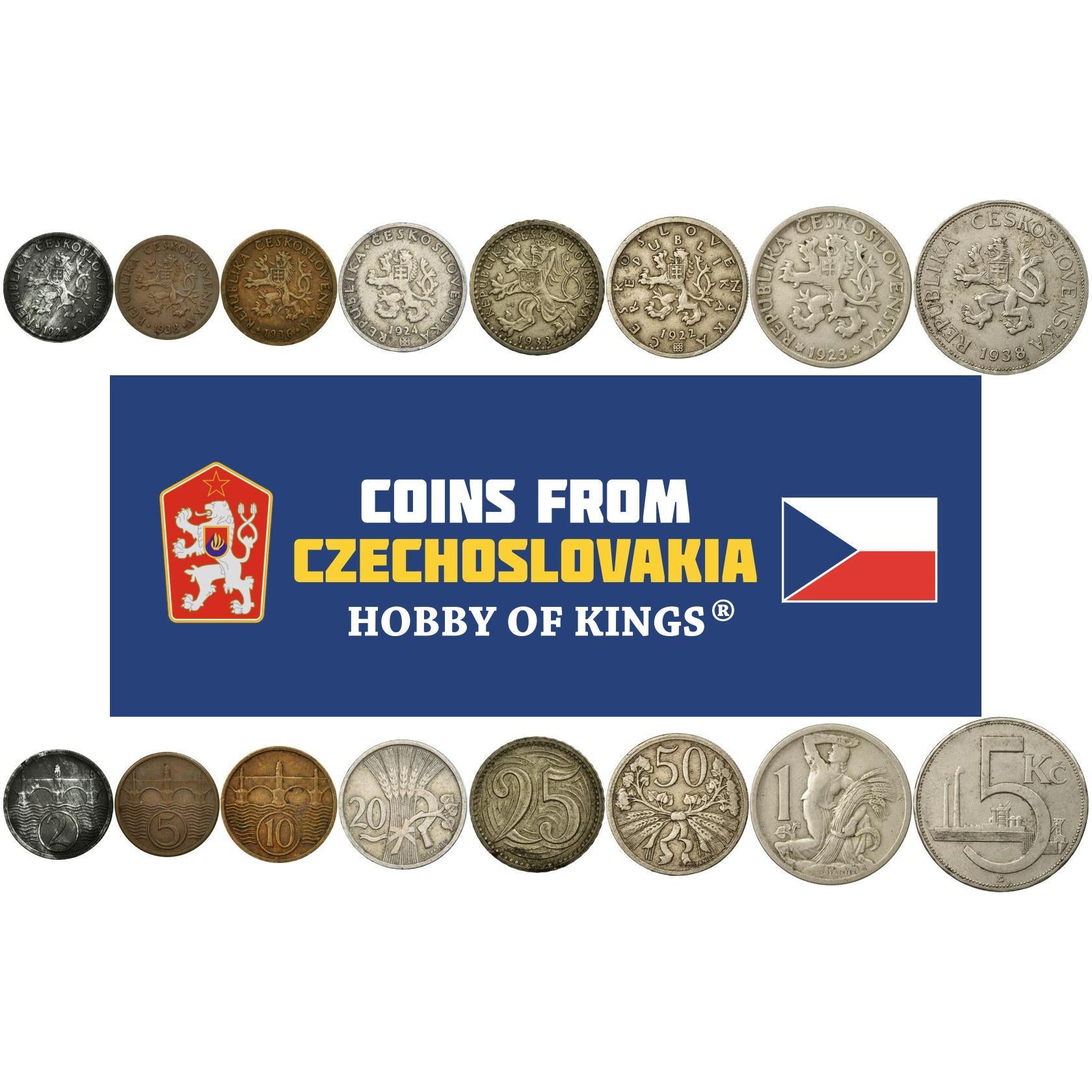 Czechoslovakia | 8 Coin Set | 2 5 10 20 25 50 Hellers 1 Koruna 5 Korun | Charles Bridge | Czech Lion | Slovak Shield | Wheat | Sickle | Linden Branch | Factory | 1921 - 1938