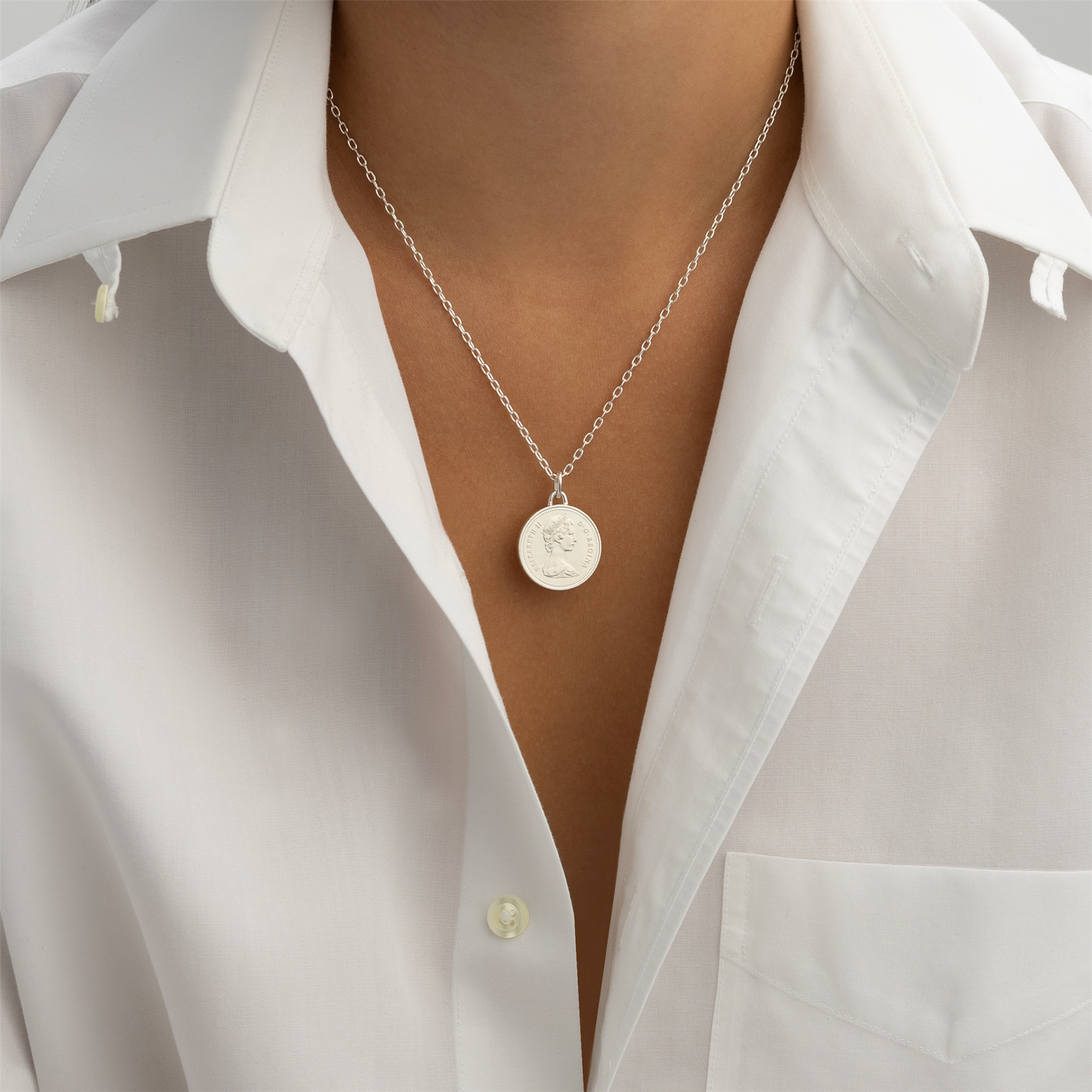 Canadian Coin Necklace | Medallion Pendant Jewelry | Rhodium Plated 5 Cents | Queen Elizabeth II | 1965 - 1989