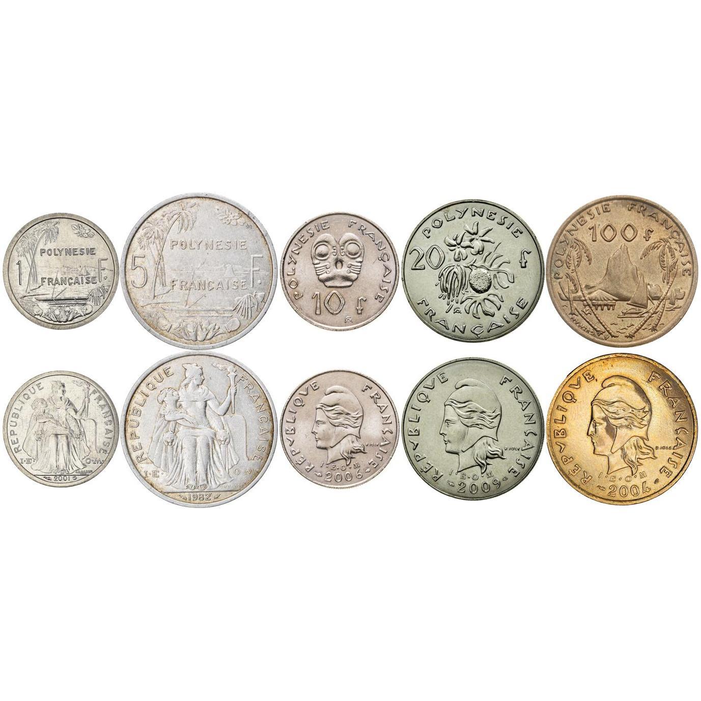 5 Mixed French Polynesian Coins | CFP Franc | Palm Tree | Sailboat | Fruit | Tribal Mask