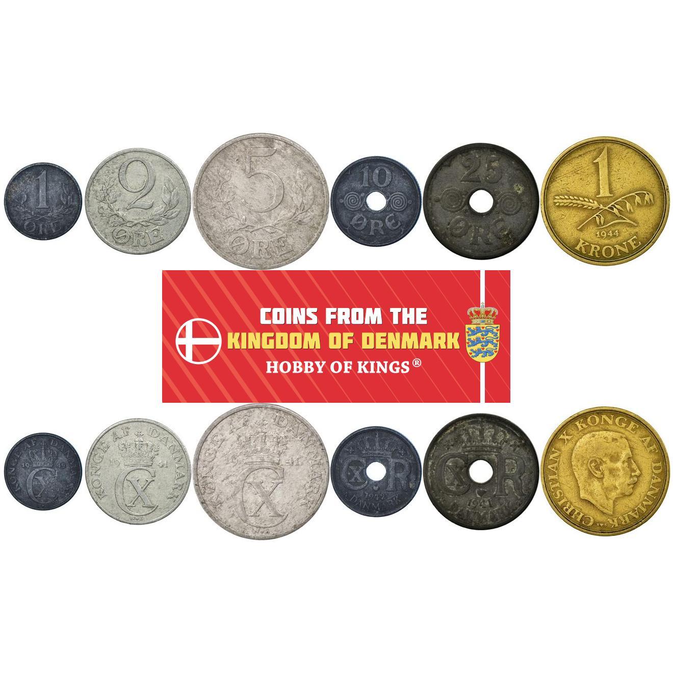 Denmark | 6 Coin Set | 1 2 5 10 25 Ore 1 Krone | 1941 - 1947