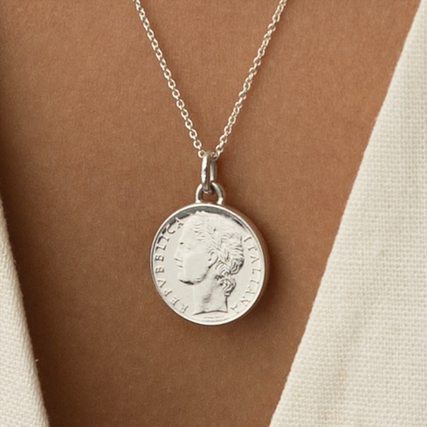 Italian Coin Necklace | Medallion Pendant Jewelry | Rhodium Plated 100 Lira | Goddess Minerva | 1990 - 1992
