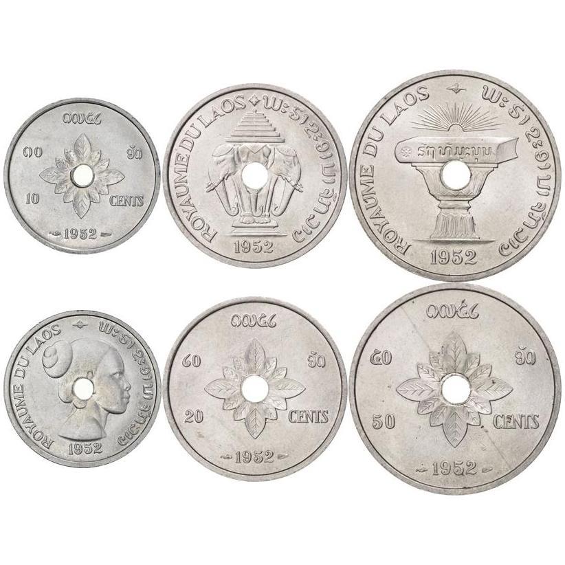 Laos | 3 Coin Set | 10 20 50 Cents | 1952