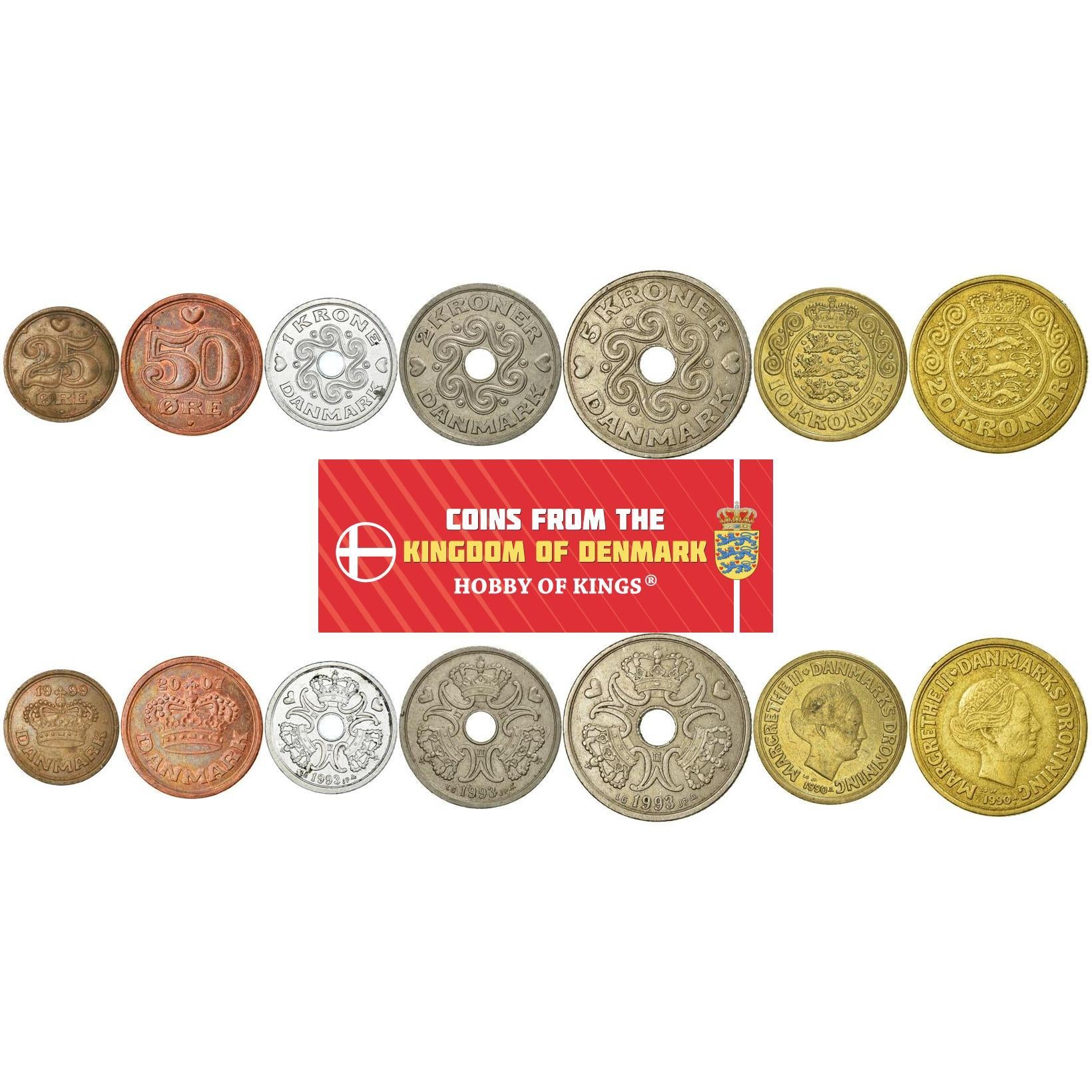 Denmark | 7 Coin Set | 25 50 Ore 1 Krone 2 5 10 20 Kroner | 1989 - 2021