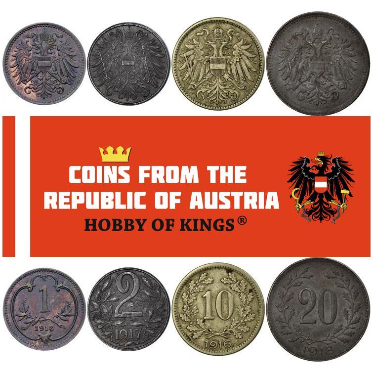 Austrian Empire | 4 Coin Set | 1 Heller 2 10 20 Hellers | Art Nouveau | Austrian Escutcheon | 1916 - 1918