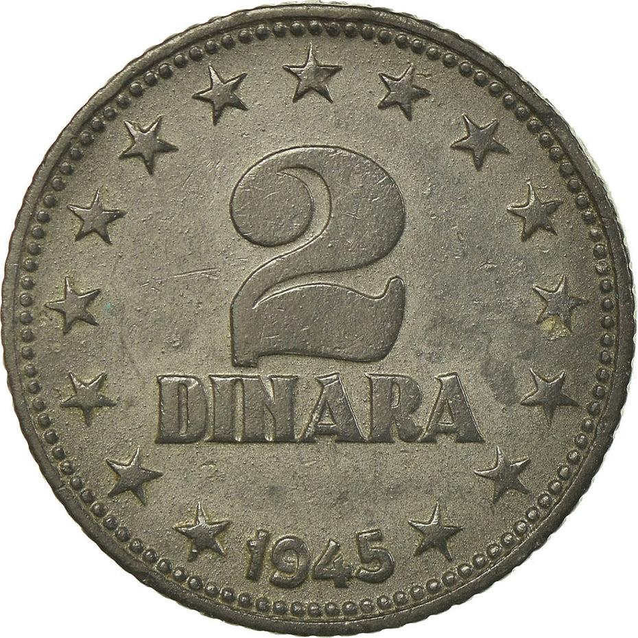 Yugoslavia | 2 Dinara Coin | Flame | Stars | KM27 | 1945