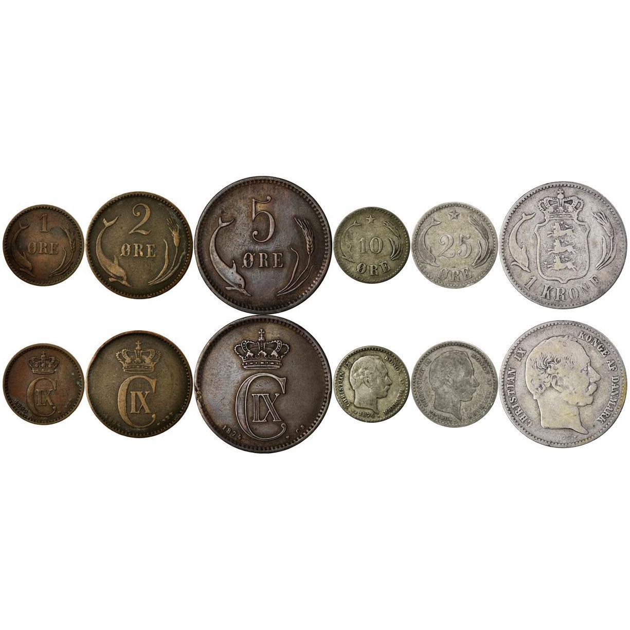 Denmark | 6 Coin Set | 1 2 5 10 25 Ore 1 Krone | 1874 - 1906