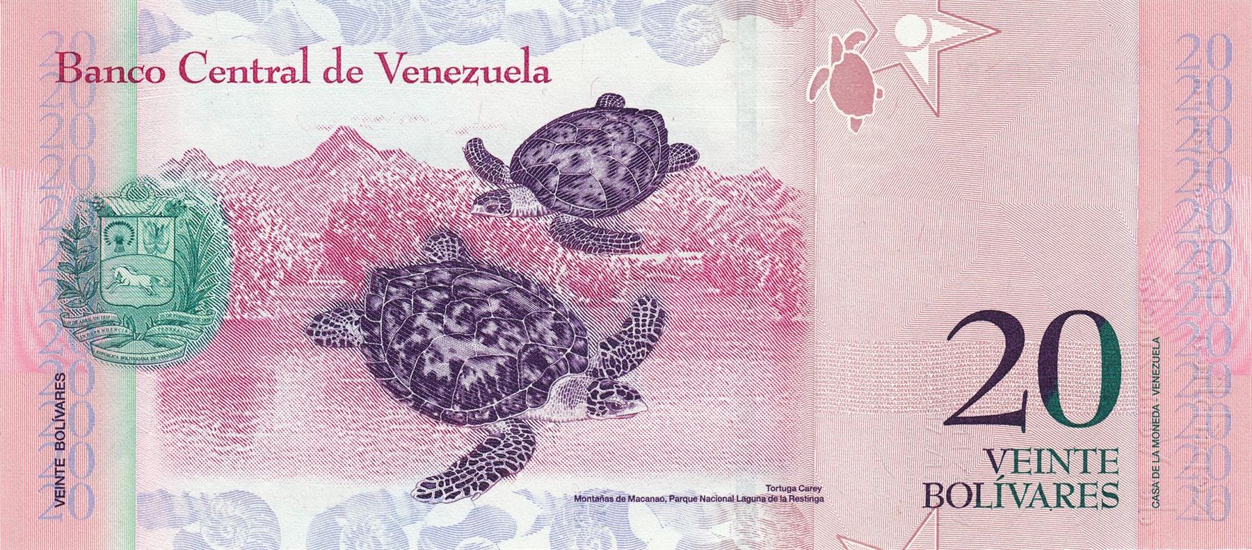Venezuela | 20 Bolivares Banknote | 2007 - 2014 | Luisa Cáceres de Arismendi | Hawksbill Turtles | Mountains