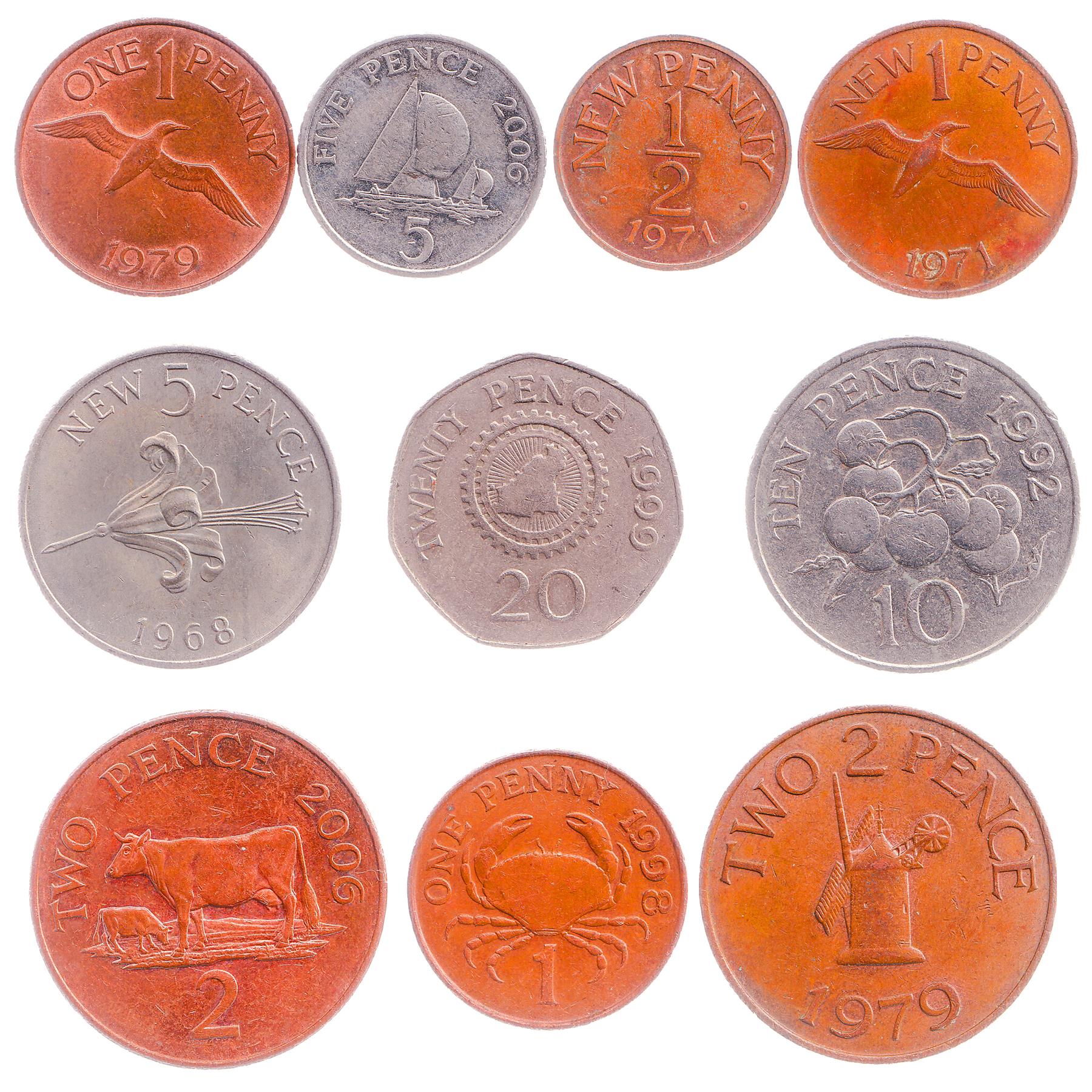 Guernsey 10 Mixed Coins | Sailing Boats | Island Map | Elizabeth II | Crab | Guernsey Cows | Freesia flowers | Tomato plant | 1968 - 2022