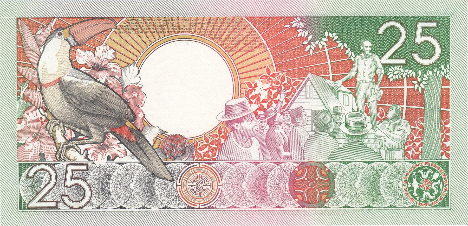 Suriname | 25 Gulden Banknote | 1986 - 1988 | Anton De Kom | Militia | Buildings | Toucan | Speaker with People