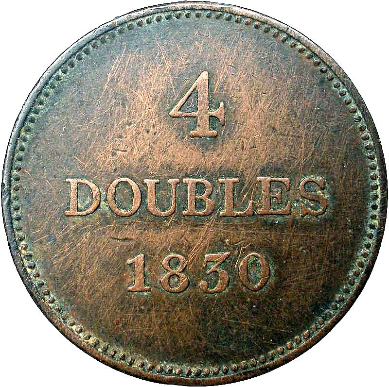 Guernsey 4 Doubles Coin | National arms | KM2 | 1830 - 1858