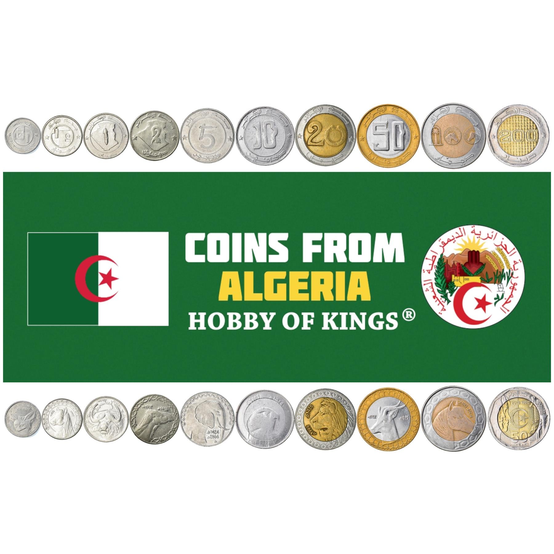 Algerian 10 Coin Set 1/4 1/2 1 Dinar 2 5 10 20 50 100 200 Dinars | Fennec Fox | African Elephant | Dama Gazelle | Barbary Falcon | Barb Horse | Dromedary Camel | Arabian Horse | Prehistoric Buffalo | Barbary Lion | Algeria | 1992 - 2021