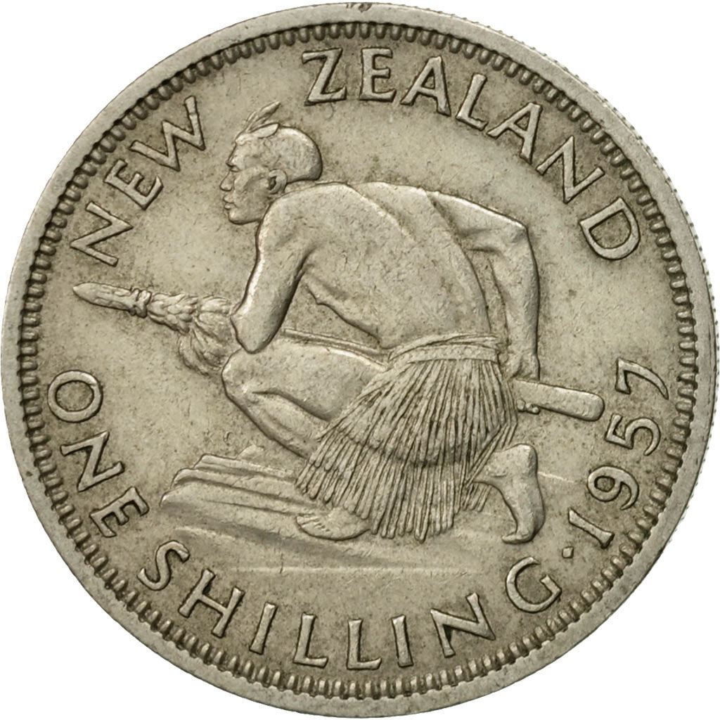 New Zealander 1 Shilling Coin | Queen Elizabeth II | Maori Warrior | Taiaha | KM27 | 1953 - 1965