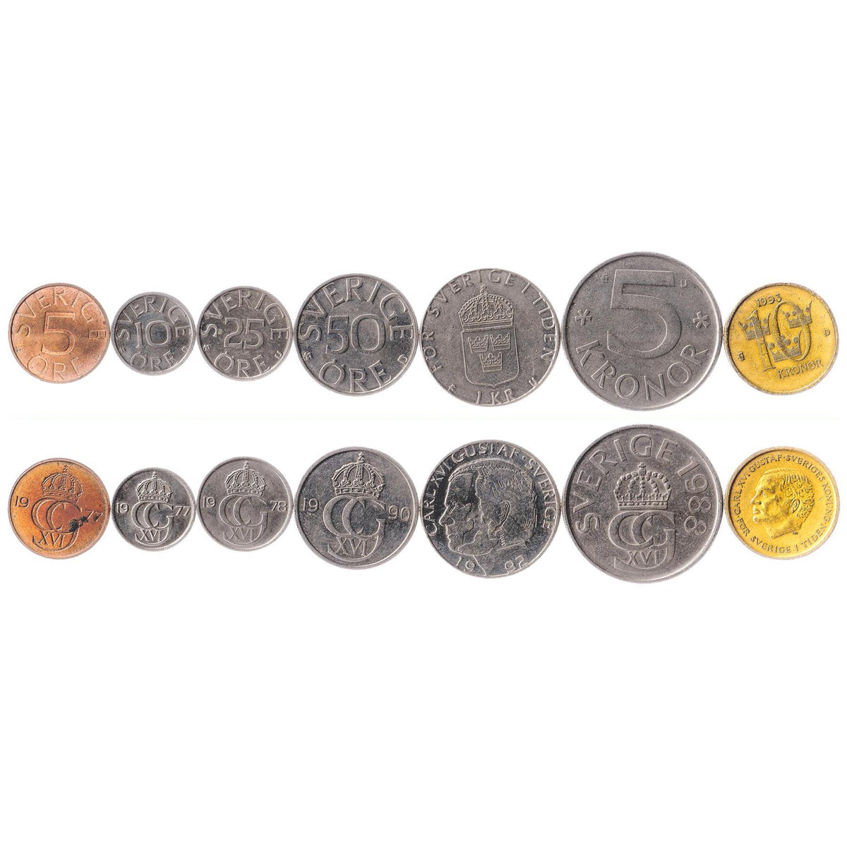 Sweden | 7 Coin Set | 5 10 25 50 Ore 1 Krona 5 10 Kronor | 1976 - 2000