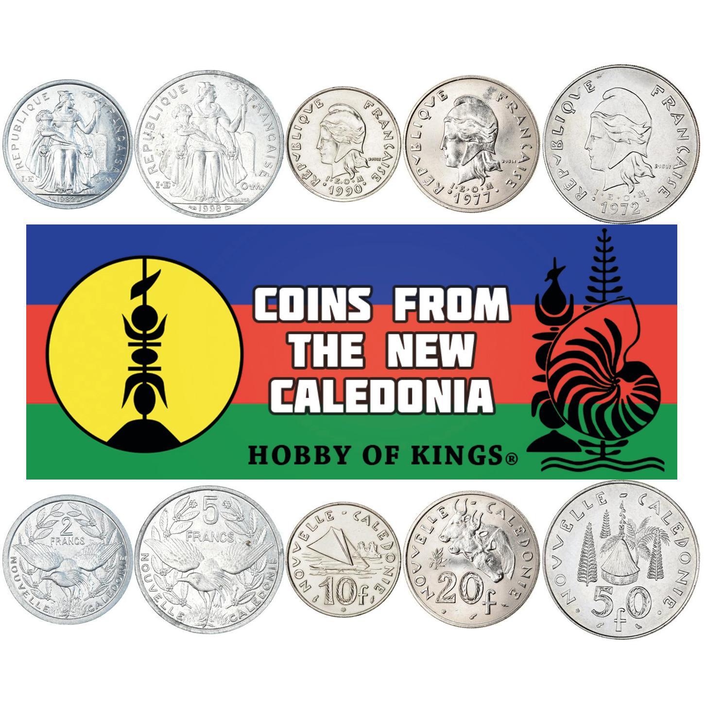 New Caledonia | 5 Coin Set | 2 5 10 20 50 Francs | Marianne | Sailing Boat | Ox Heads | Tribal Hut | 1972 - 2006
