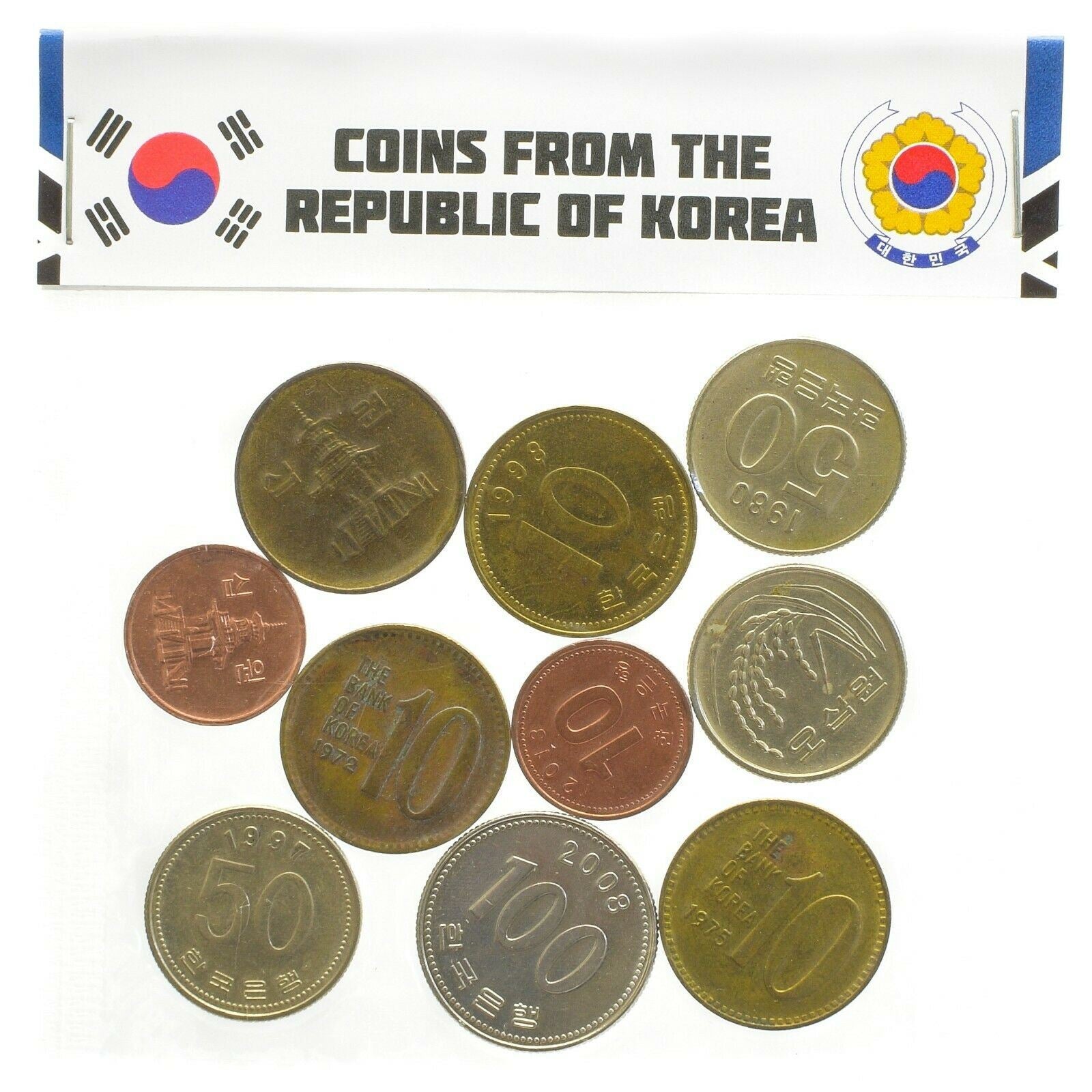 South Korea 10 Mixed Coins 100 Won | Geobukseon | Admiral Yi Sun-sin | Dabotap Pagoda | Manchurian crane | Rose of Sharon | 1966 - 2022