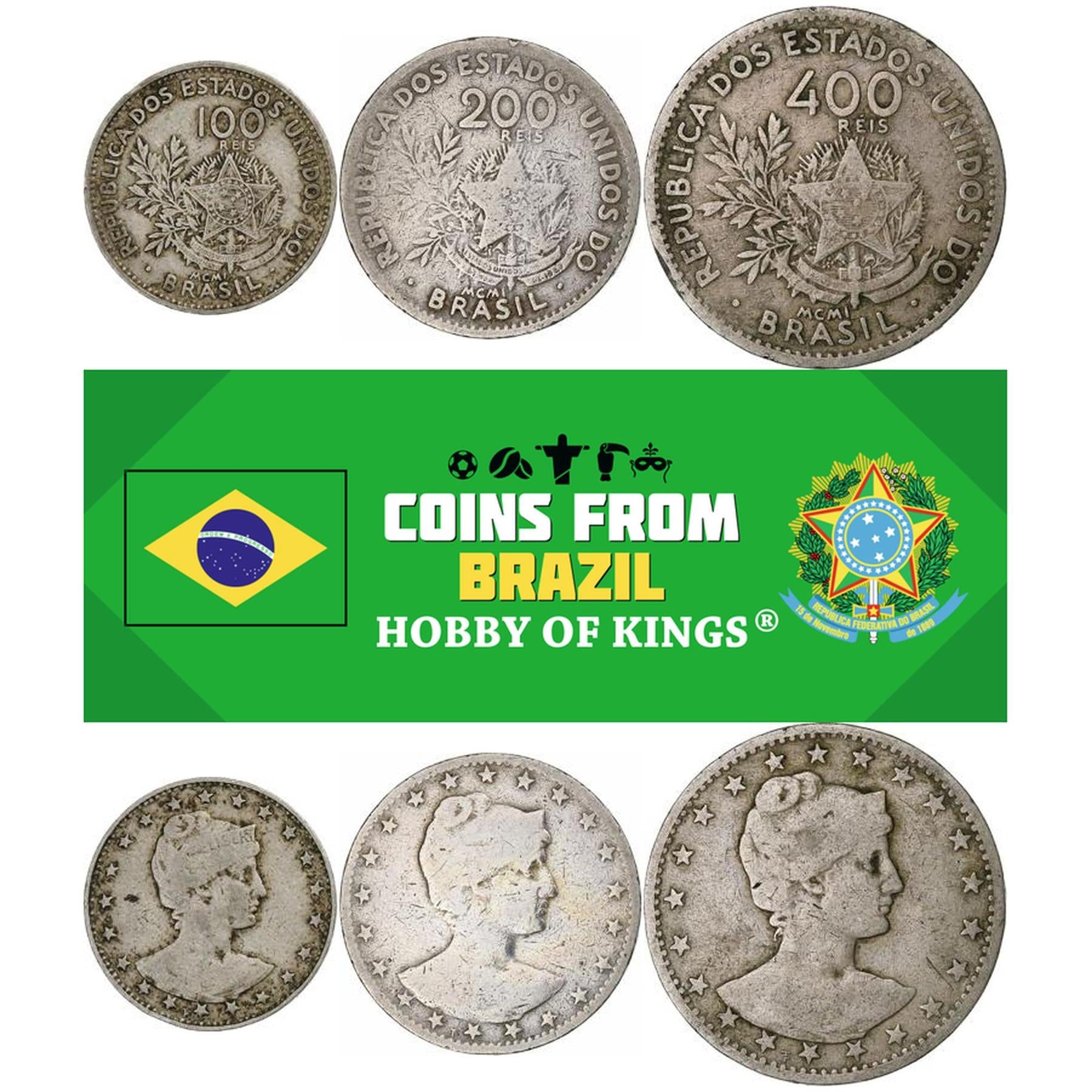 Brasil | Conjunto de 3 Moedas | 100 200 400 Réis | 1901 (MCMI)