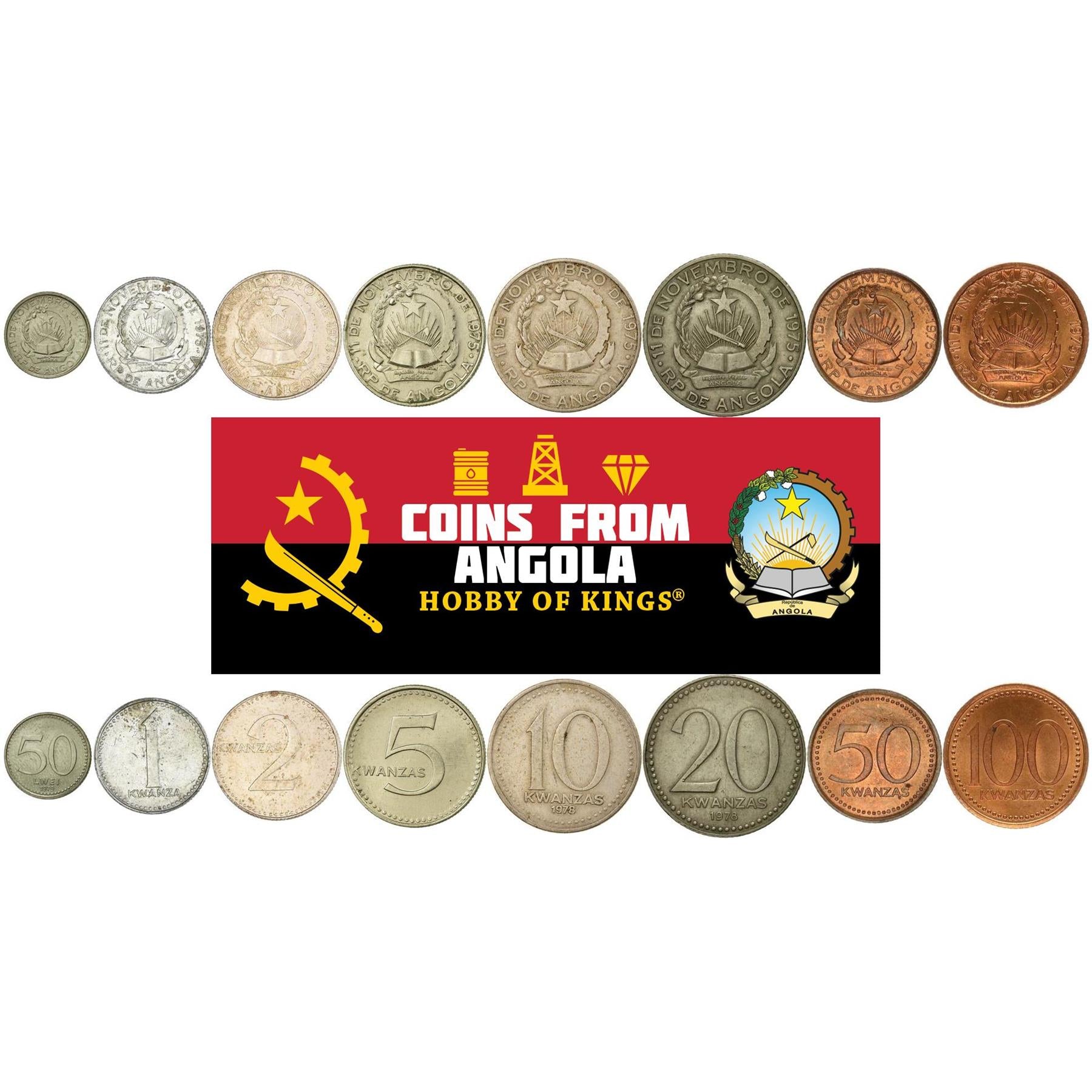 Angola | 8 Coin Set | 50 Lwei 1 Kwanza 2 5 10 20 50 100 Kwanzas | 1977 - 1991