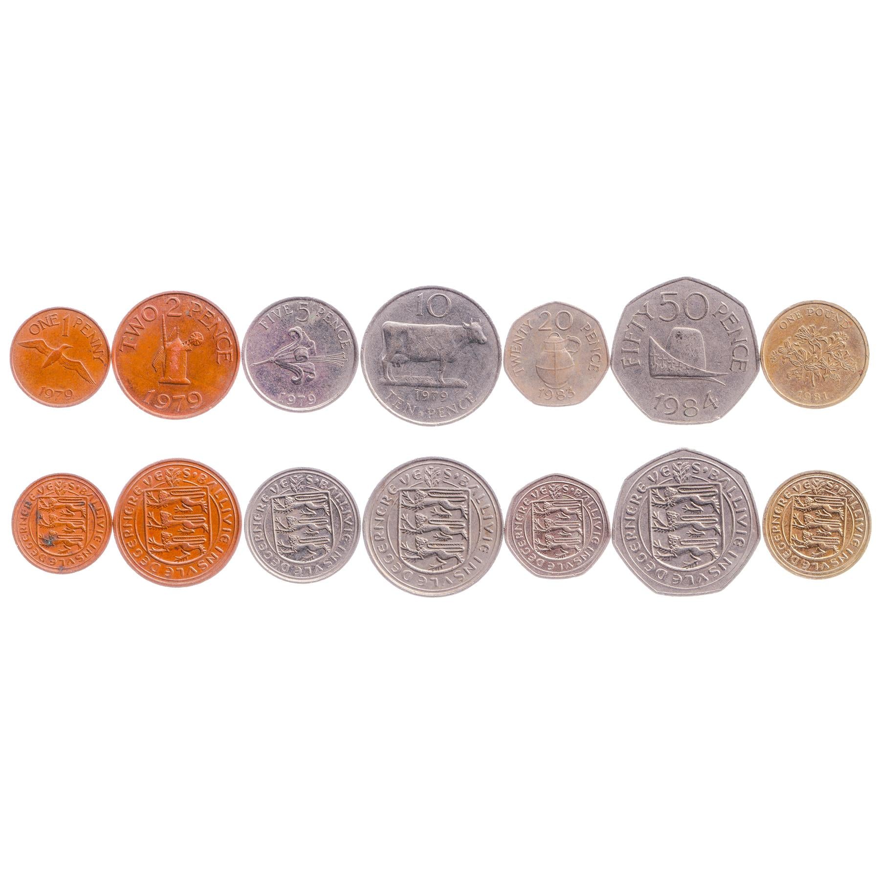 Giernésiais 7 Coin Set 1 2 5 10 20 50 Pence 1 Pound | Cattle | Gannet | Windmill | Guernsey Lily | Guernsey | 1977 - 1984
