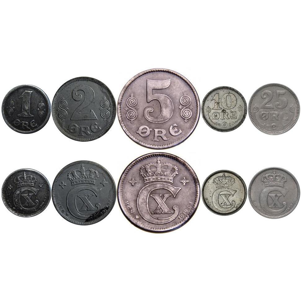 Denmark | 5 Coin Set | 1 2 5 10 25 Ore | 1918 - 1923