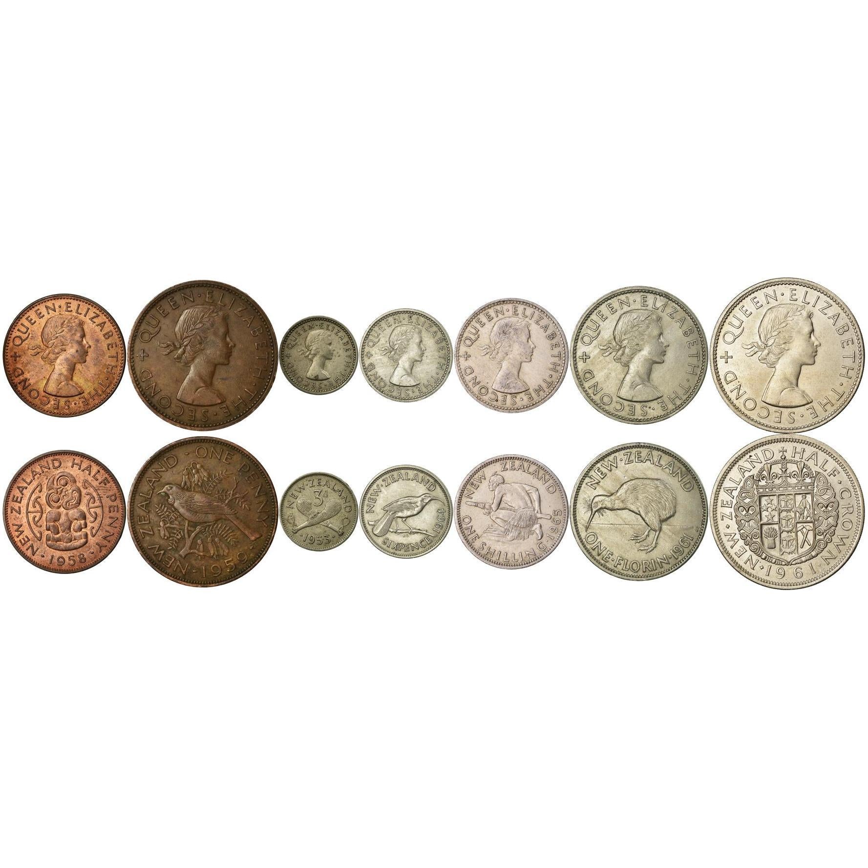 New Zealand | 7 Coin Set | 1/2 1 Penny 3 6 Pence 1 Shilling 1 Florin 1/2 Crown | 1953 - 1965