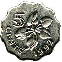 Kingdom of Swaziland | 5 Cents Coin | King Mswati III | Arum Lily | KM:40.2 | 1992