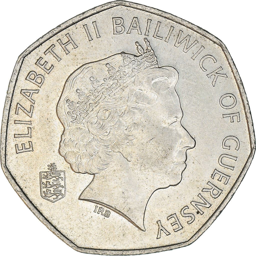 Pièce de 50 Pence Guernesey | Reine Elizabeth II | Fleur Freesia | KM156 | 2003 - 2012