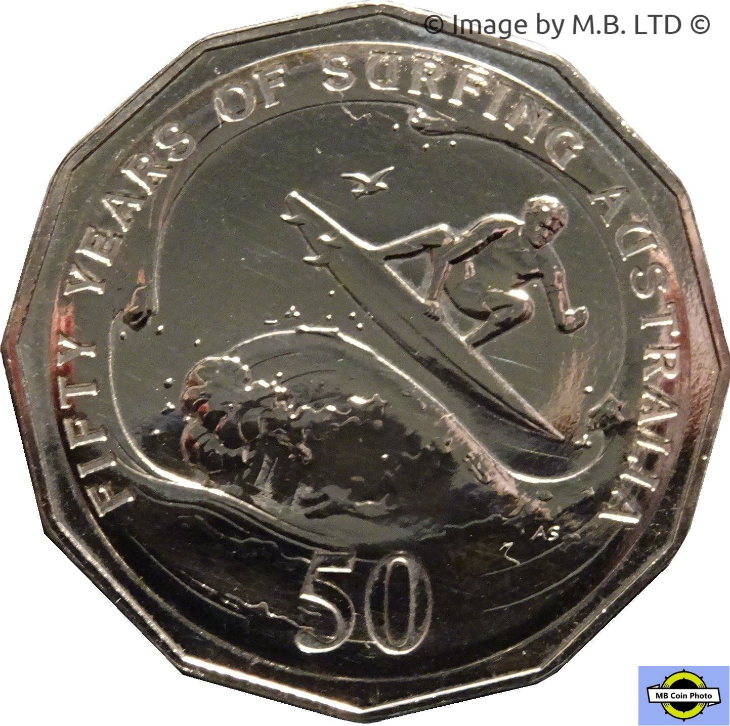 Australia | 50 Cents Coin | Elizabeth II | Anniversary of Surfing Australia | Surfer | Wave | Birds | KM1818 | 2013