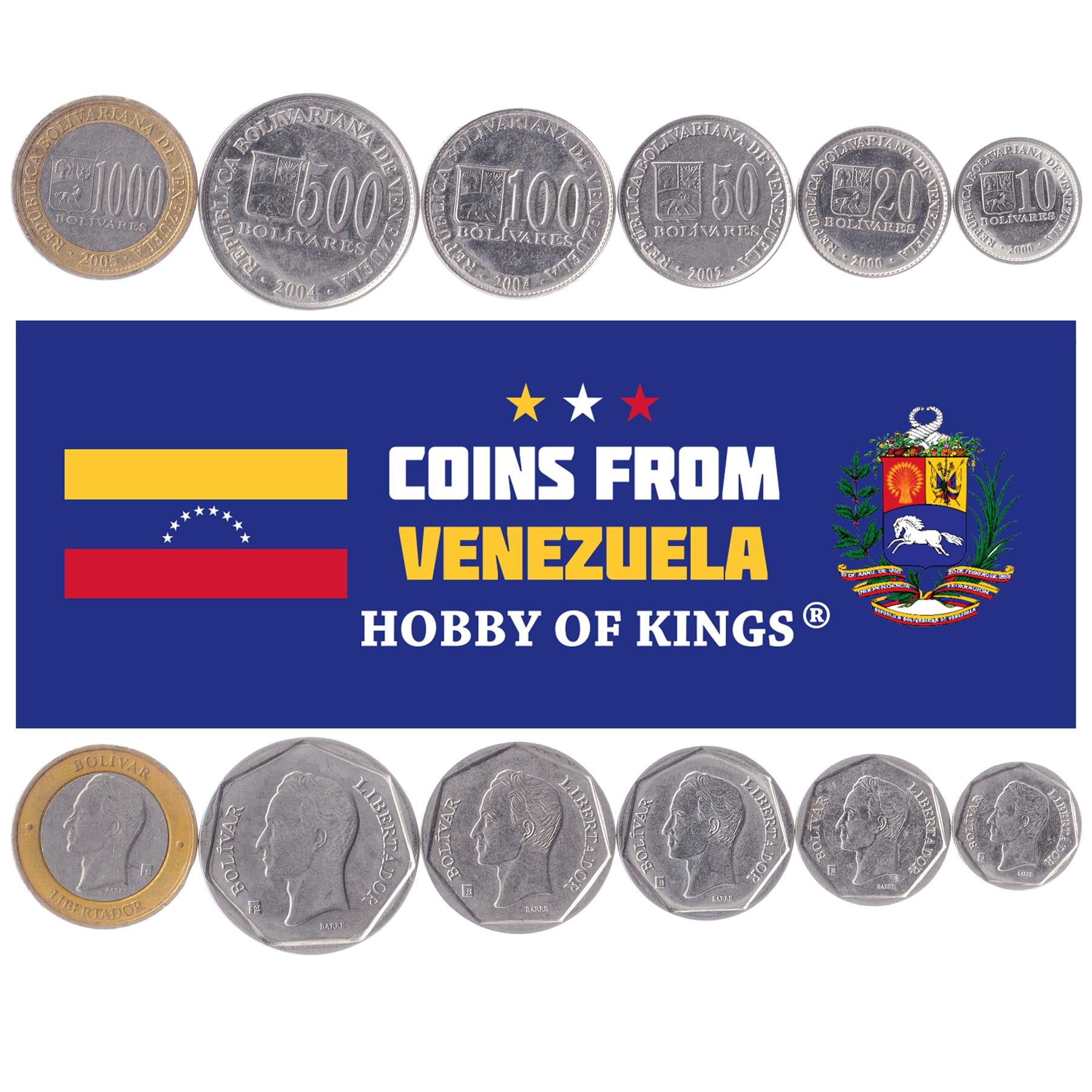 Venezuelan 6 Coin Set 10 20 50 100 500 1000 Bolívares | Horse | Simón Bolívar | Stars | 2000 - 2005