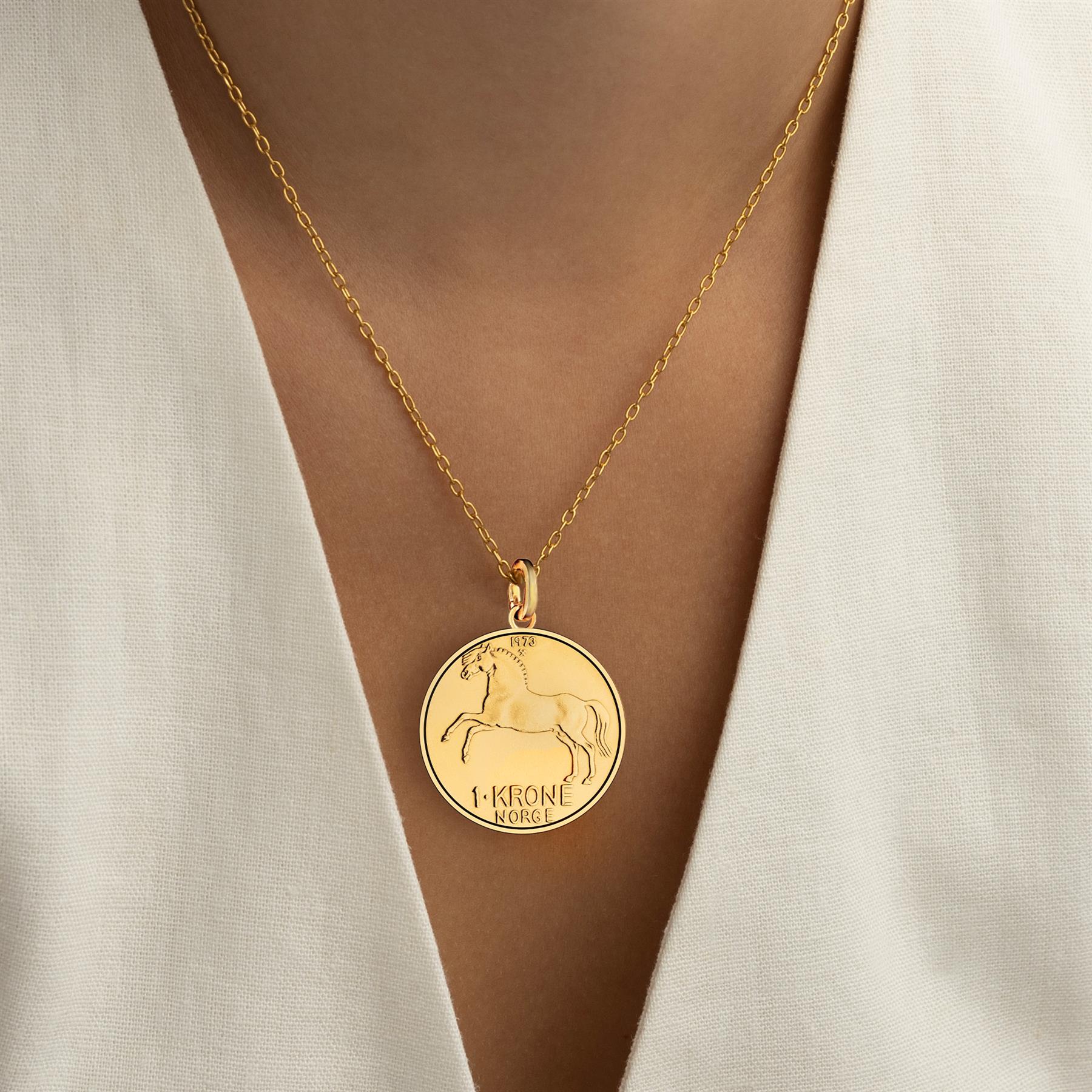 Norwegian 1 Krone Coin Charm | 925 Sterling Silver 18K Gold Plated | 1958 - 1973