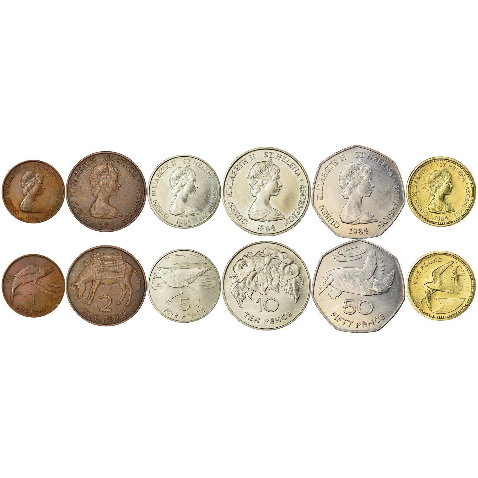 סנט הלנה ואסנשן | סט של 6 מטבעות | 1 פני 2 5 10 50 פני 1 פאונד | 1984