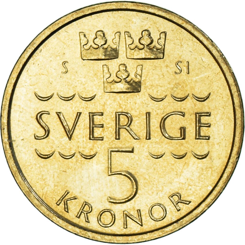Sweden | 5 Kronor Coin | Crown | Monogram | Waves | Km:930 | 2016