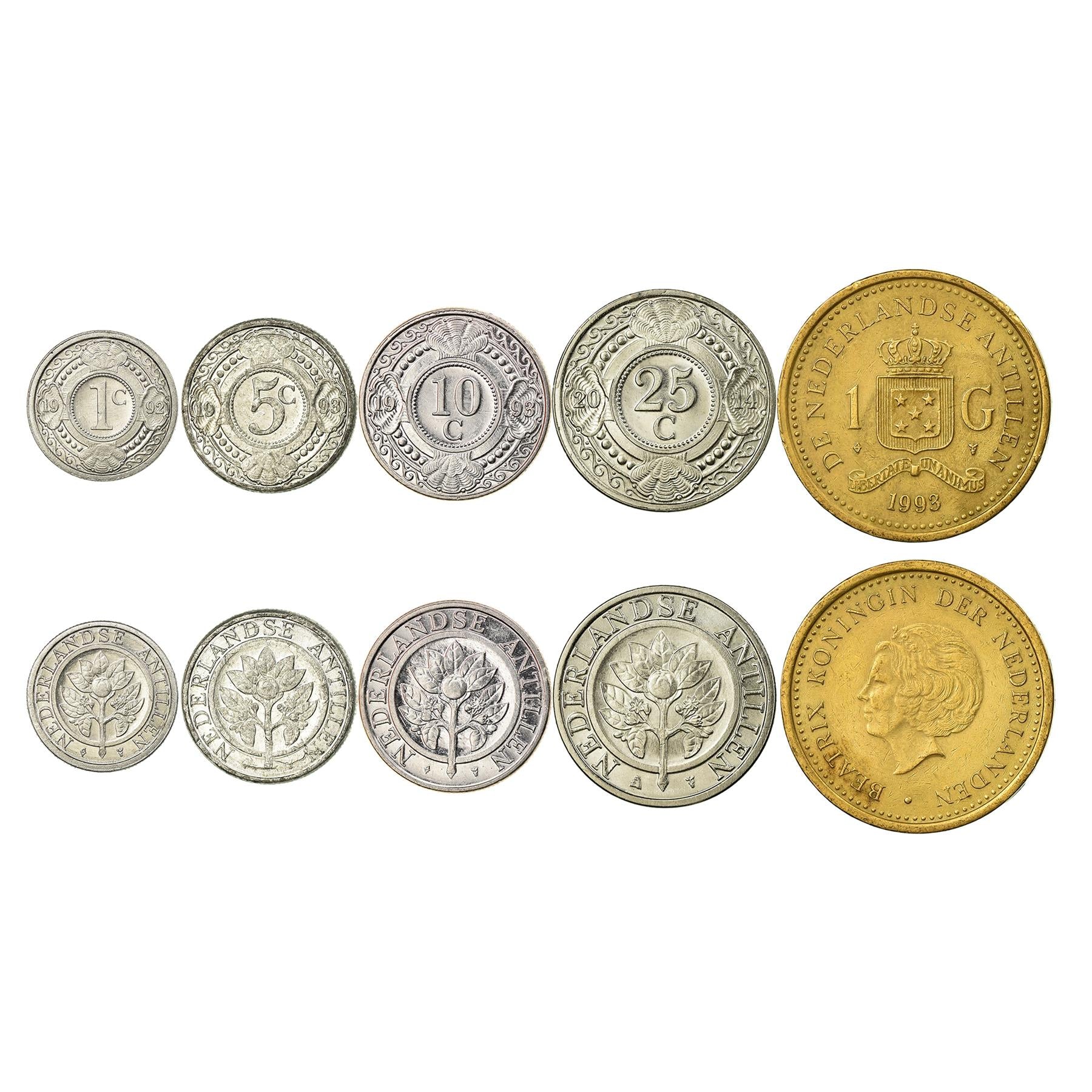 5 Coins From Netherlands Antilles 1952-2013 1 Cent - 1 Gulden Caribbean Coins