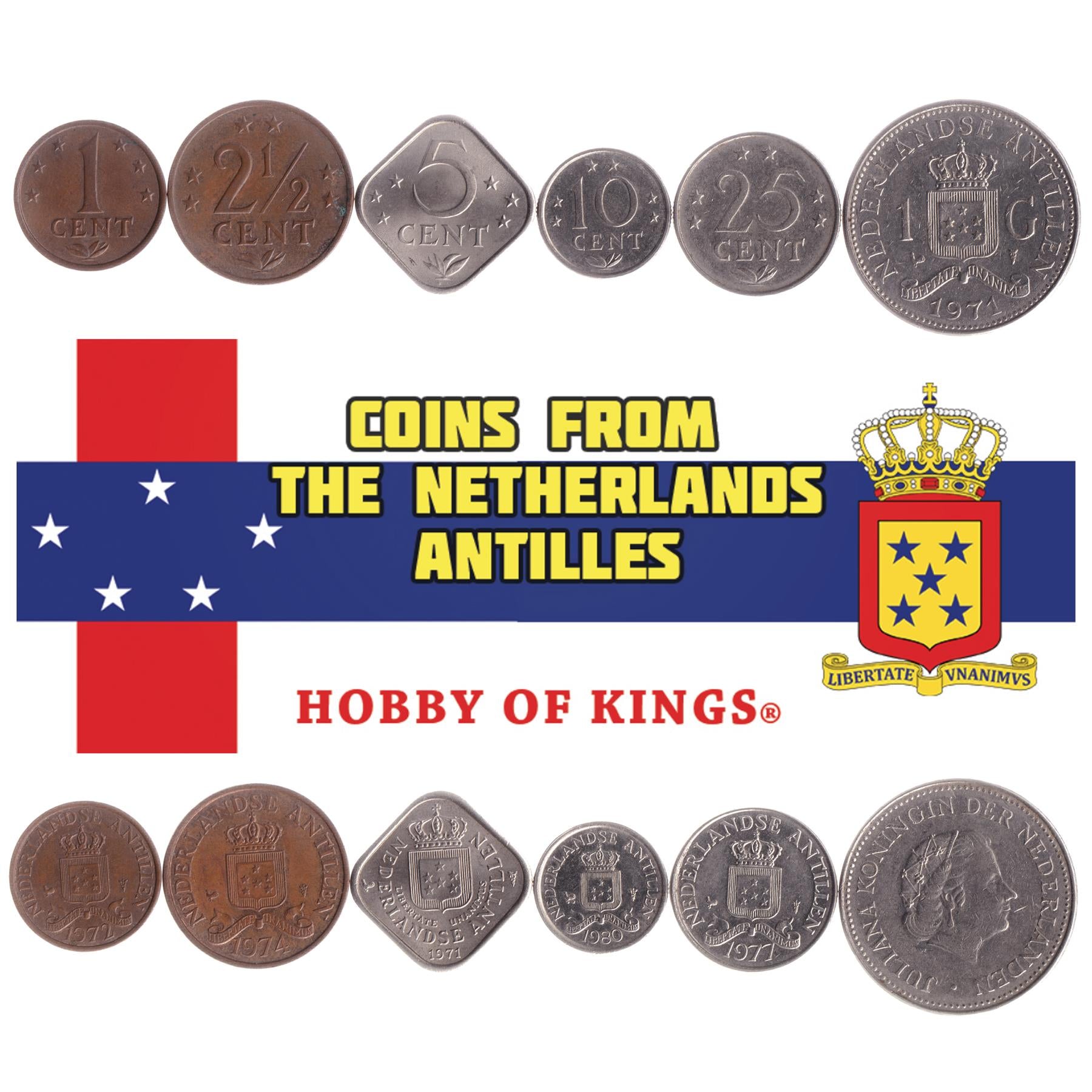 Netherlands Antillean 6 Coin Set 1 2½ 5 10 25 Cents 1 Gulden | Juliana | Netherlands Antilles | 1970 - 1980