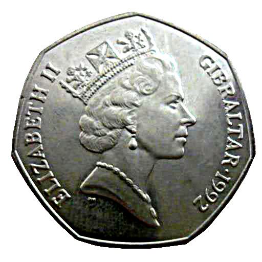 Gibraltar | 50 Pence Coin | Queen Elizabeth II | Christmas | KM108 | 1992
