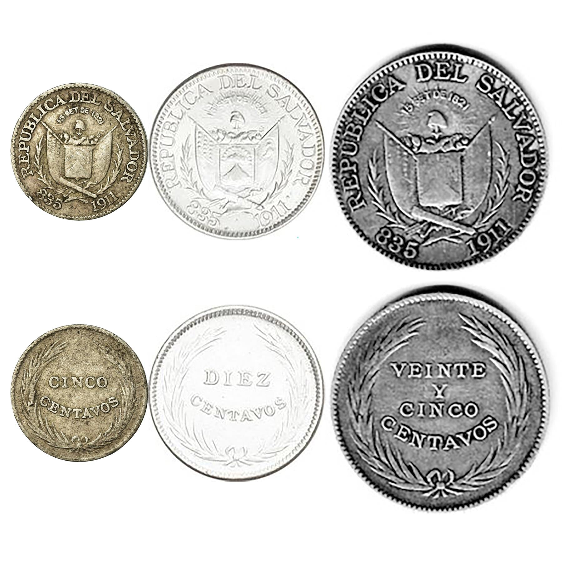 Salvadoran 3 Coin Set 5 10 25 Centavos | El Salvador | 1911