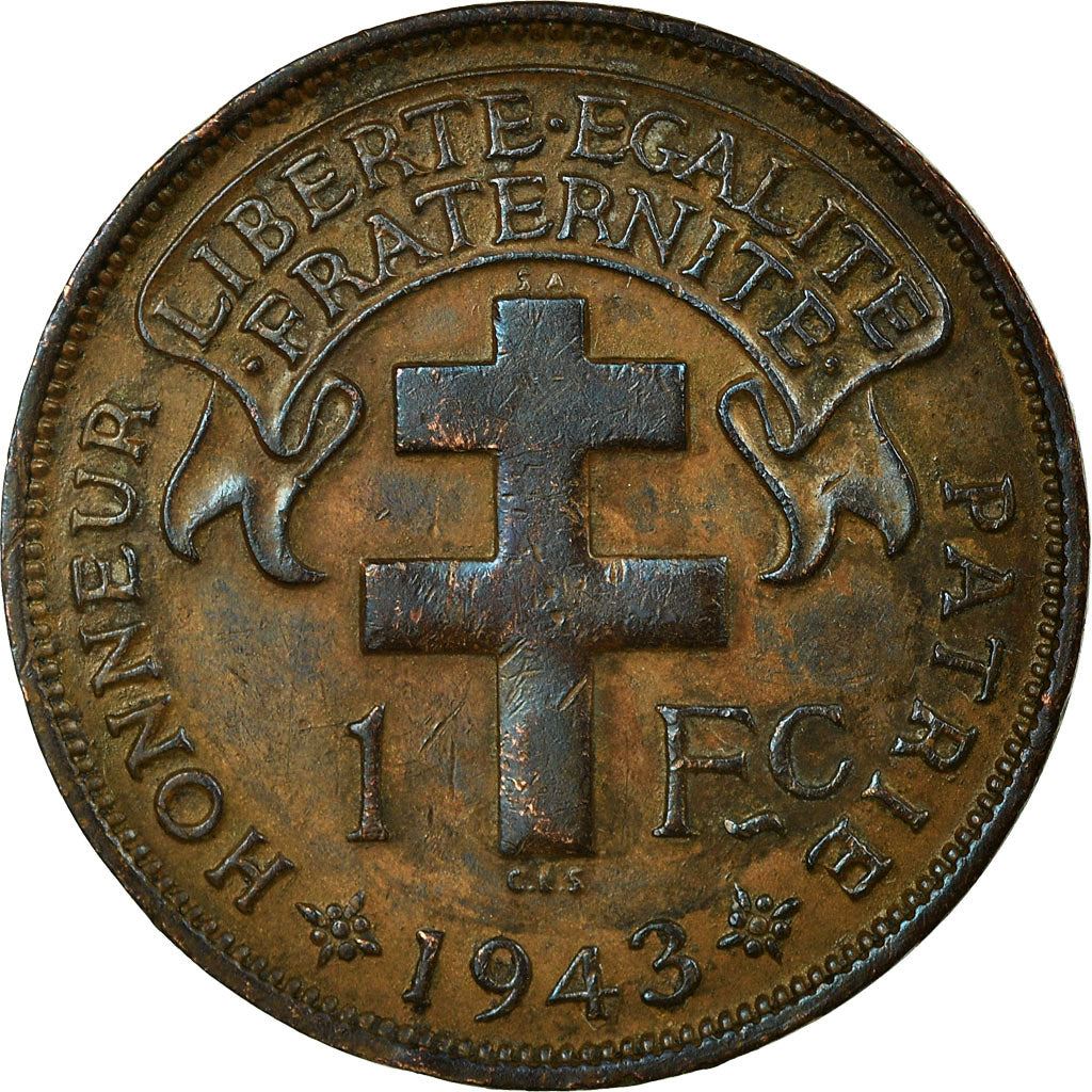 Madagascar | 1 Franc Coin | Rooster | Lorraine Cross | Km:2 | 1943