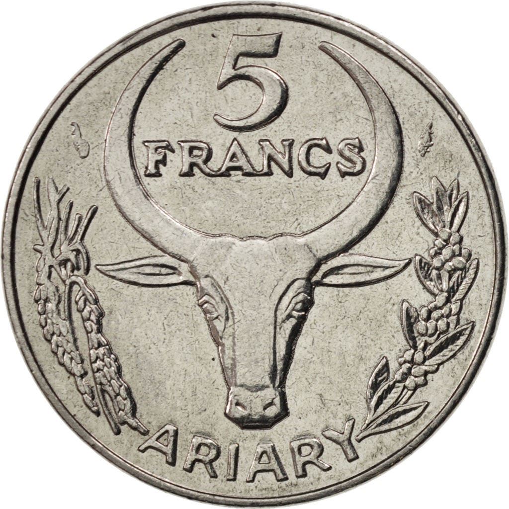 Madagaskaras | 5 frankai / 1 ariaris moneta | Zebuas | Gėlė | Km:10 | 1966 - 1989