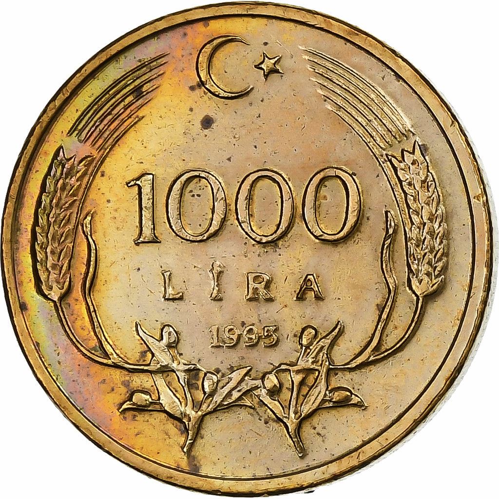 Turkey | 1000 Lira Coin | Crescent and Star | Oat Sprigs | Km:1028 | 1995 - 1998