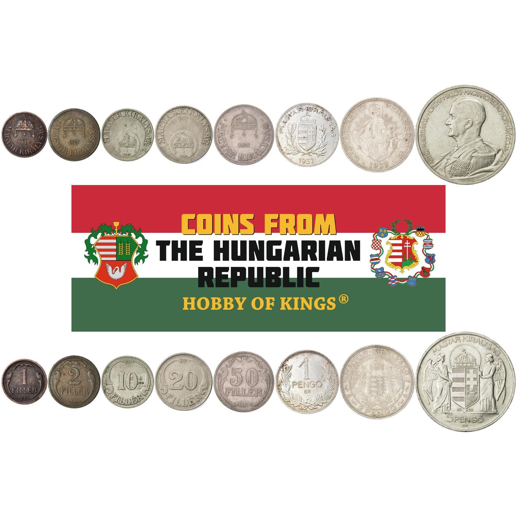 Hungarian 8 Coin Set 1 2 10 20 50 Filler 1 2 5 Pengo | Mikl��s Horthy | State Opera | Madonna And Child | Hungary | 1926 - 1940