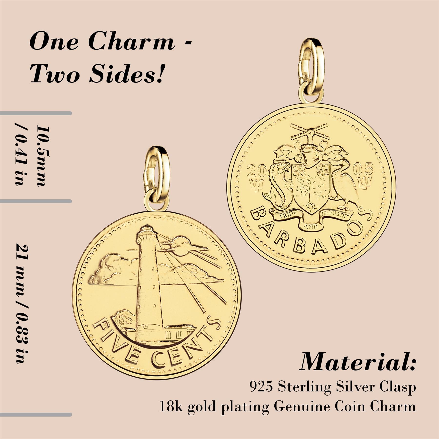 Barbadian 5 Cents Coin Charm | 925 Sterling Silver 18K Gold Plated | 1973 - 2007