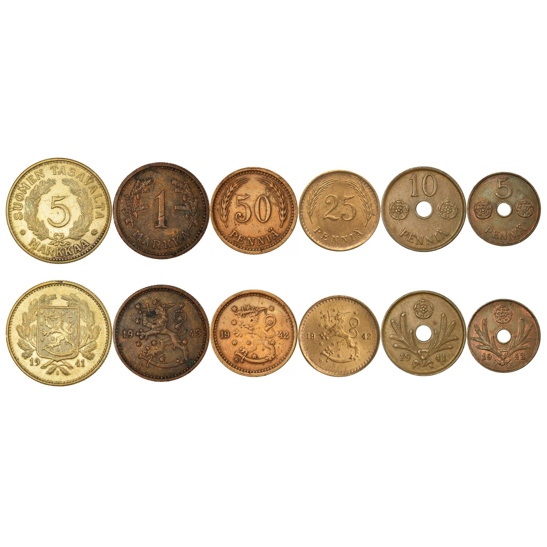 Finnish 6 Coin Set 5 10 25 50 Pennia 1 5 Markkaa | Rose | Finland | 1940 - 1943