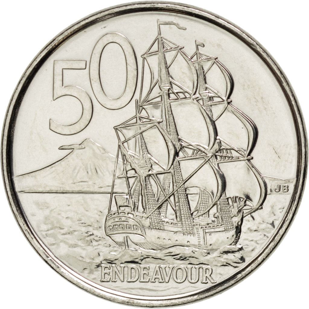 New Zealander 50 Cents Coin | Queen Elizabeth II | Captain James Cook | HMS Endeavour | KM119a | 2006 - 2021