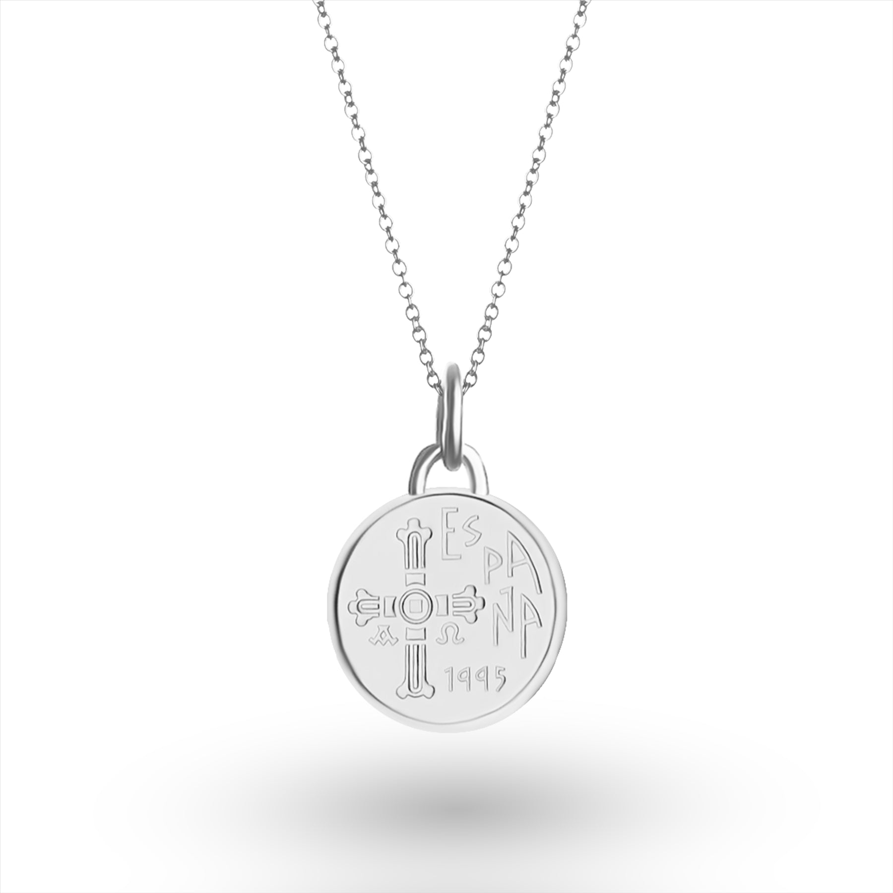 Spanish Coin Necklace | Medallion Pendant Jewelry | Rhodium Plated 5 Pesetas | Asturias | 1995