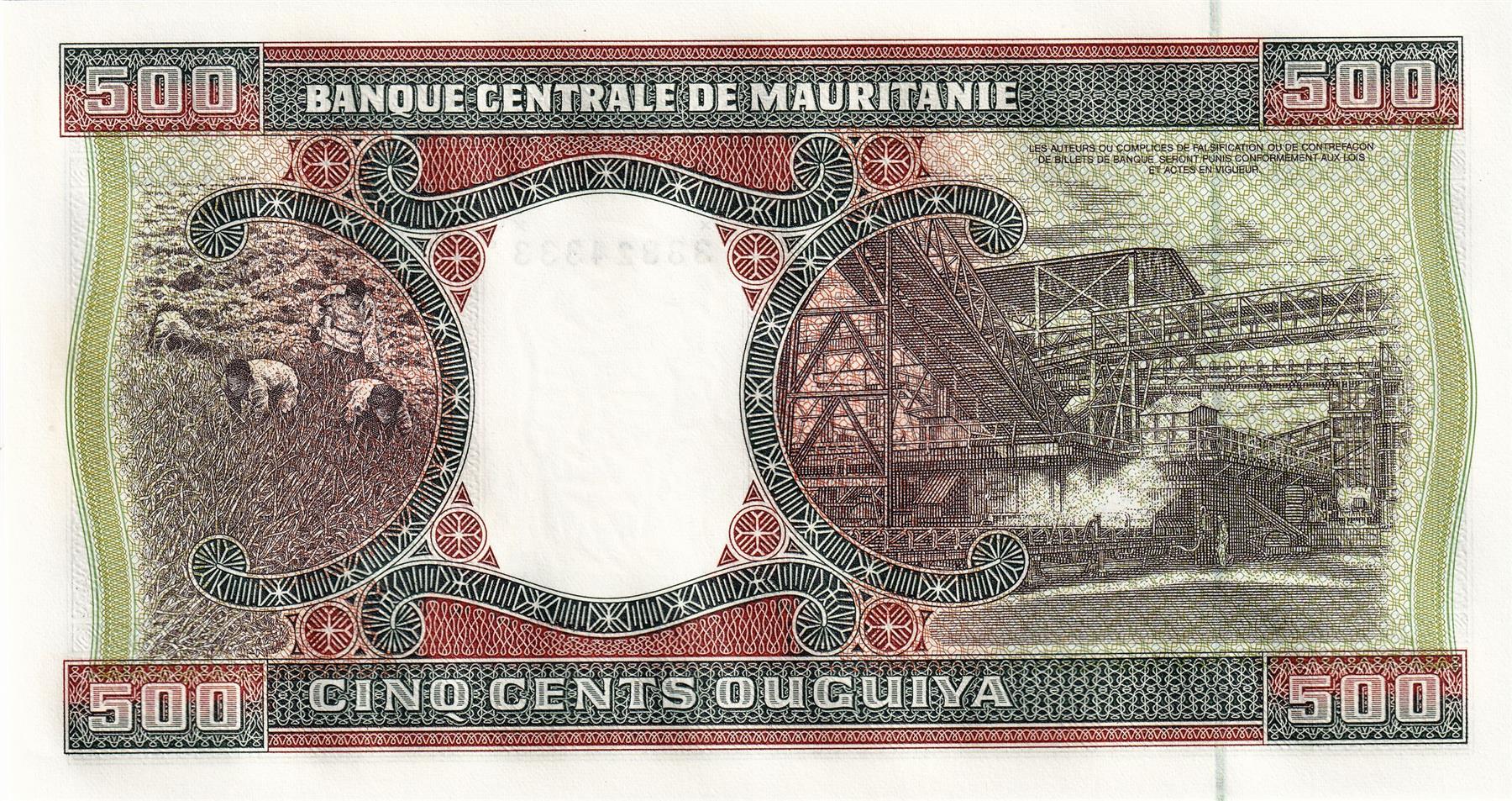 Mauritania | 500 Ouguiya Banknote | 1999 - 2002 | Native Ornamental Designs | Farmers in the Field | Mining Complex