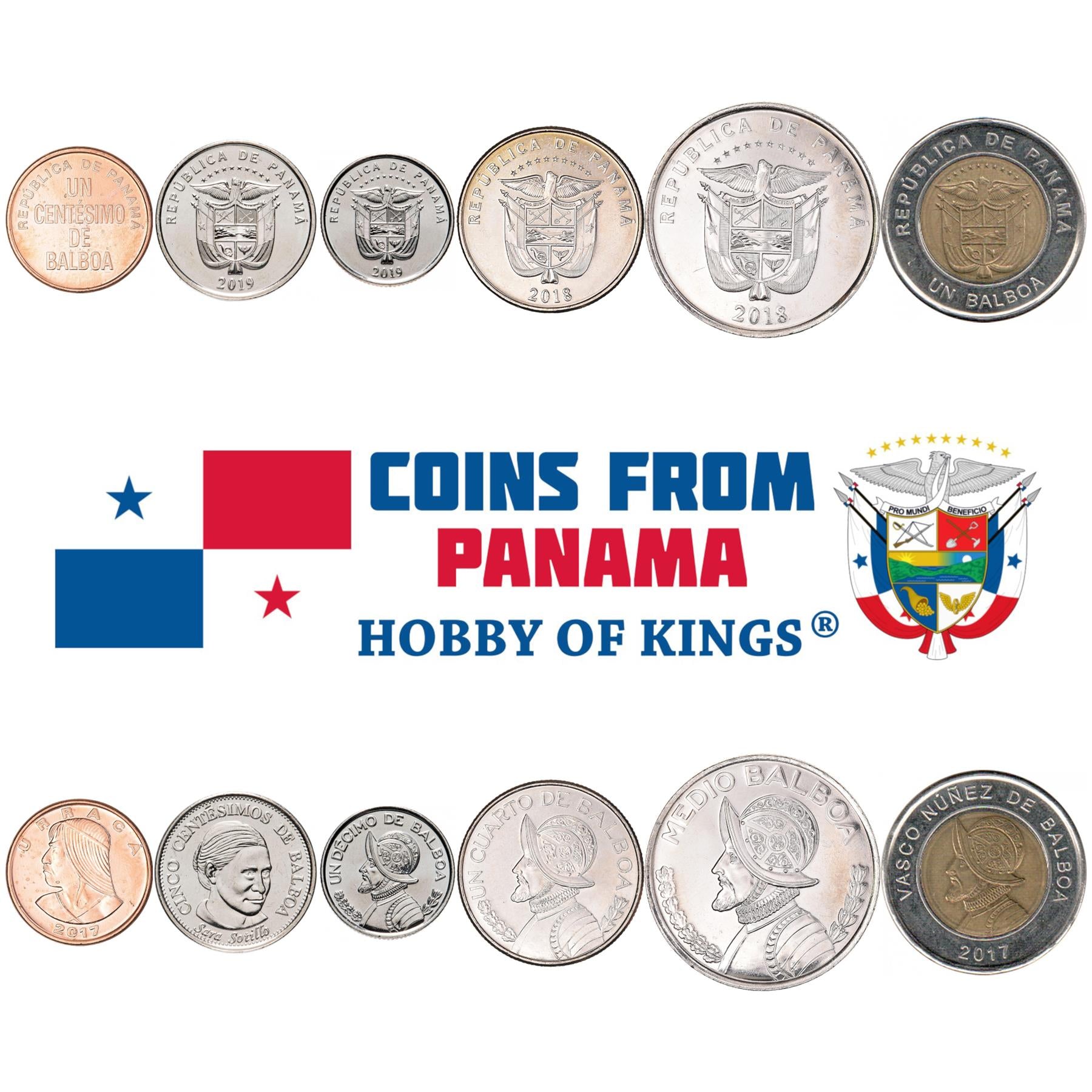 Panama | 6 Coin Set | 1 5 Centesimos 1/10 1/4 1/2 1 Balboa | Urraca | Sara Sotillo | 2017 - 2019
