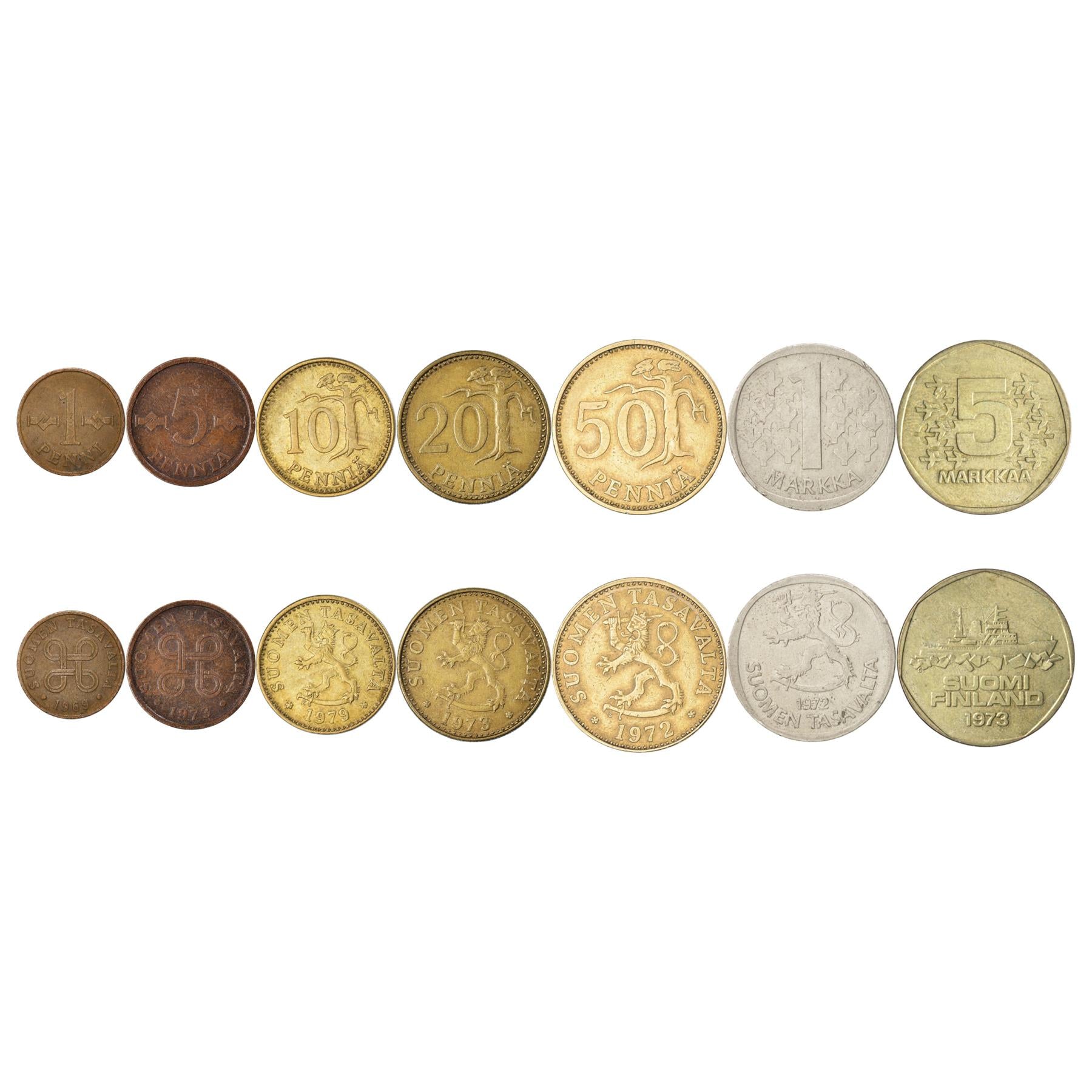 مجموعة عملات فنلندية مكونة من 7 قطع 1 5 10 20 50 بنيا 1 5 ماركا | شجرة | كاسر الجليد فارما | صليب سانت هانيس | فنلندا | 1969 - 1978