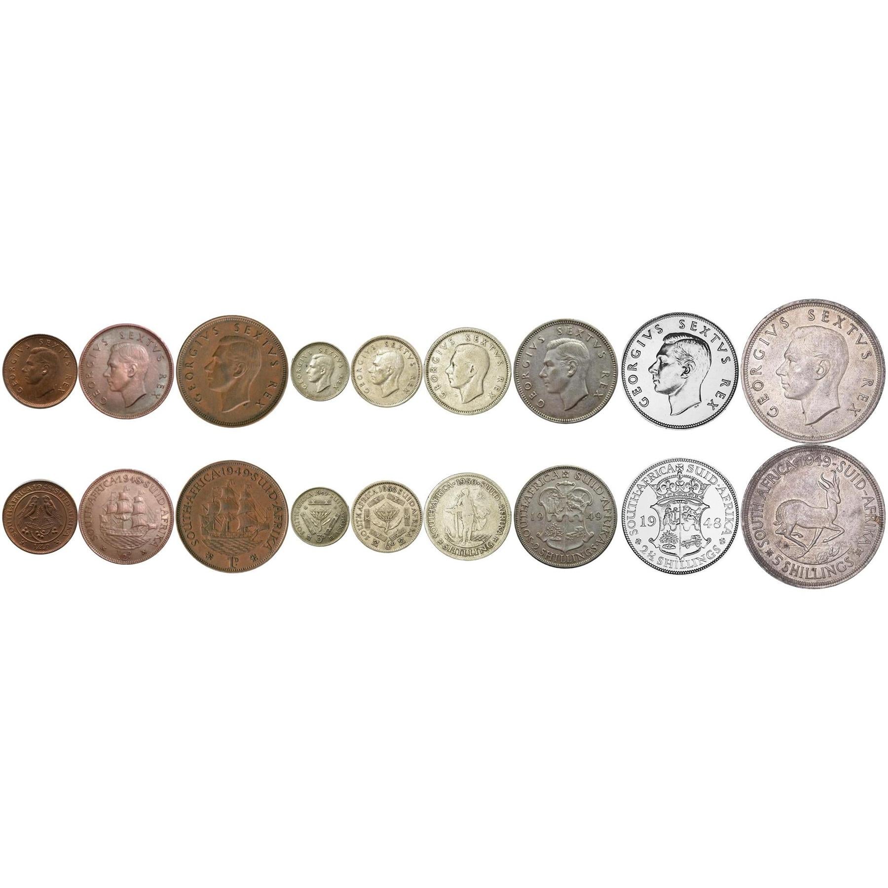 South Africa | 9 Coin Set | 1/4 1/2 1 Penny 3 6 Pence 1 Shilling 2 2 1/2 5 Shillings | 1948 - 1950