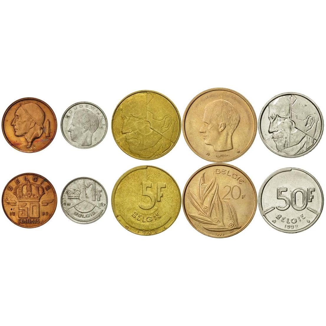 Belgian 5 Coin Set 50 Centimes 1 5 20 50 Francs | Olive branch | Lion | Star | Constitution | Ivy | Oak twig | 1980 - 1993